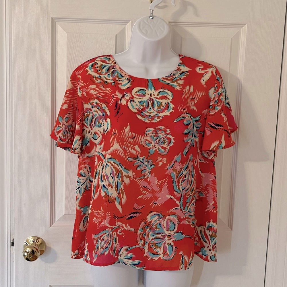 Short Sleeve - Rosy Pink/Floral- Tunic Blouse - Cropped - Medium